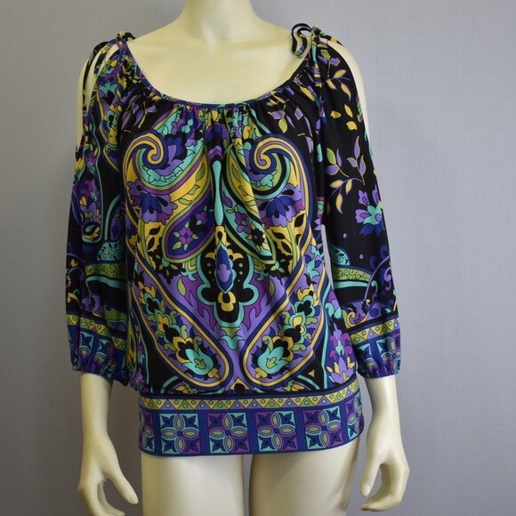 CACHE COLD SHOULDER 3/4 SLEEVES PRINTED BLOUSE‎  SZ MD - Picture 2 of 8